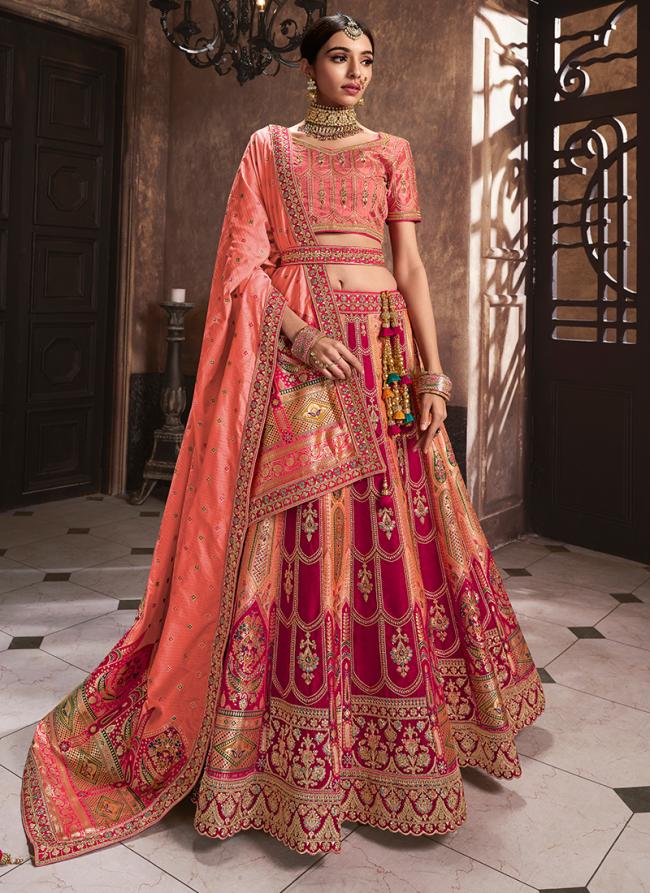 Banarasi Silk Peach Pink Bridal Wear Embroidery Work Lehenga Choli